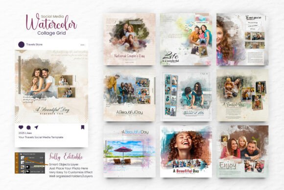 Download Watercolor Collage Social Media Grid - Social media Collection